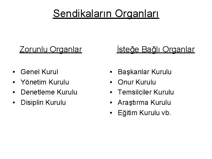 Sendikaların Organları Zorunlu Organlar • • Genel Kurul Yönetim Kurulu Denetleme Kurulu Disiplin Kurulu