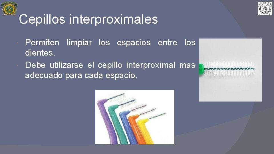 Cepillos interproximales Permiten limpiar los espacios entre los dientes. Debe utilizarse el cepillo interproximal