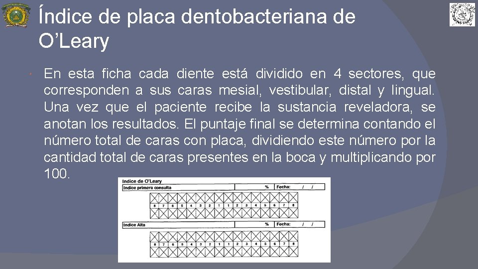 Índice de placa dentobacteriana de O’Leary En esta ficha cada diente está dividido en
