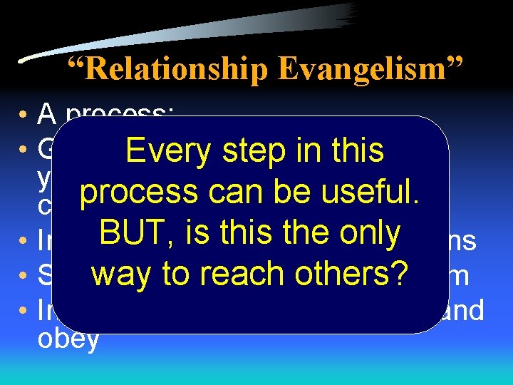 “Relationship Evangelism” • A process: • Gradually, youstep beginintothis mention Every your faith, but