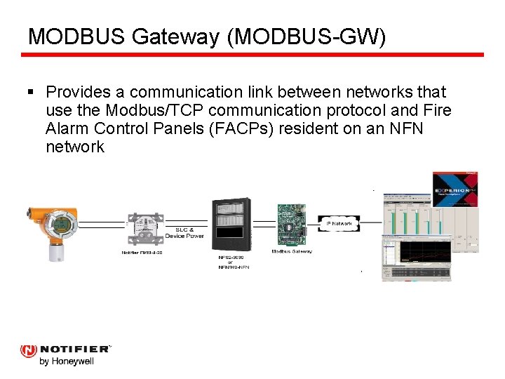 MODBUS Gateway (MODBUS-GW) § Provides a communication link between networks that use the Modbus/TCP