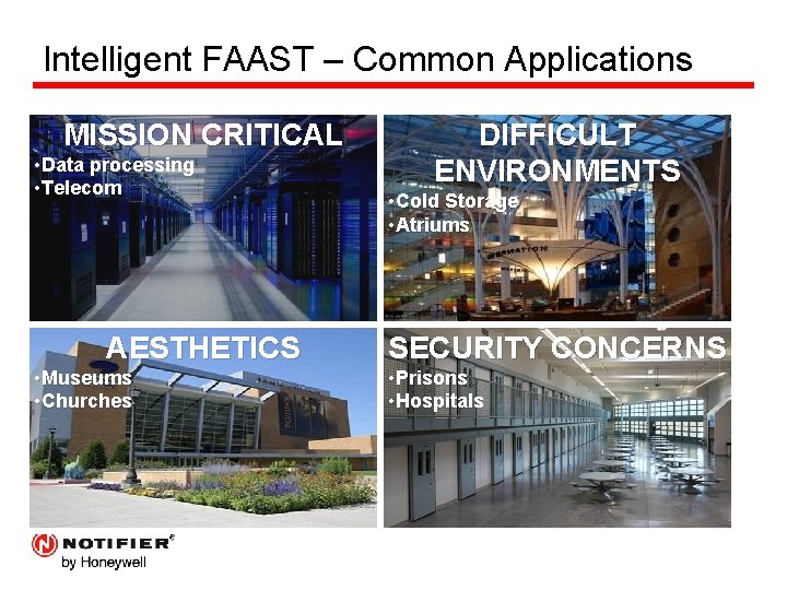 Intelligent FAAST – Common Applications MISSION CRITICAL • Data processing • Telecom AESTHETICS •