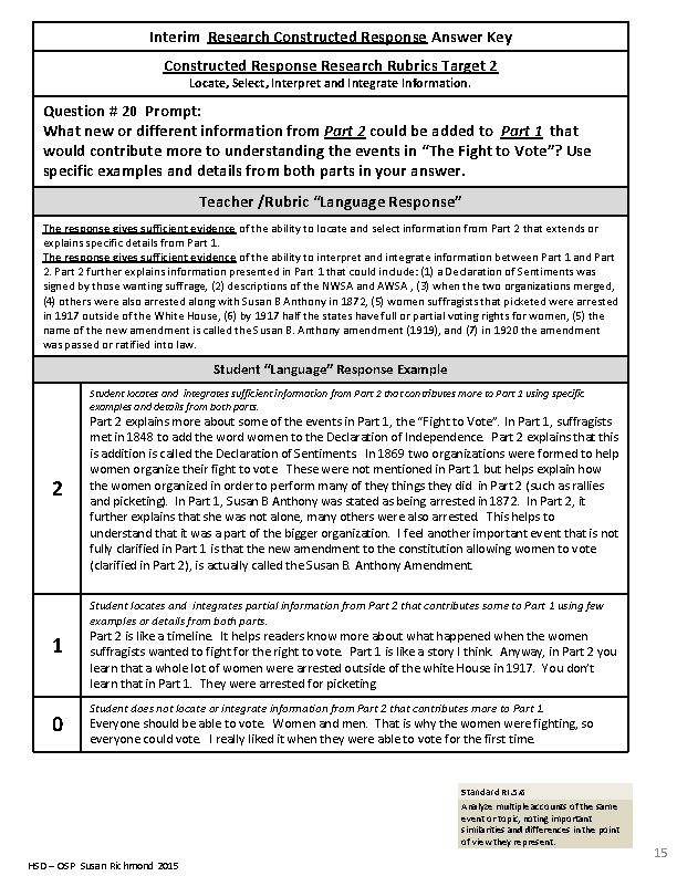 Interim Research Constructed Response Answer Key Constructed Response Research Rubrics Target 2 Locate, Select,