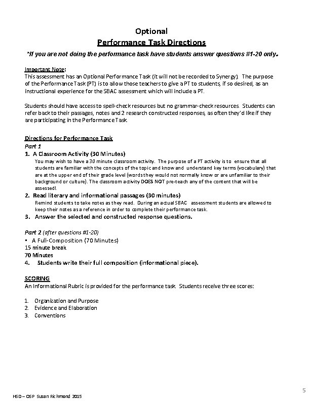 Optional Performance Task Directions *If you are not doing the performance task have students