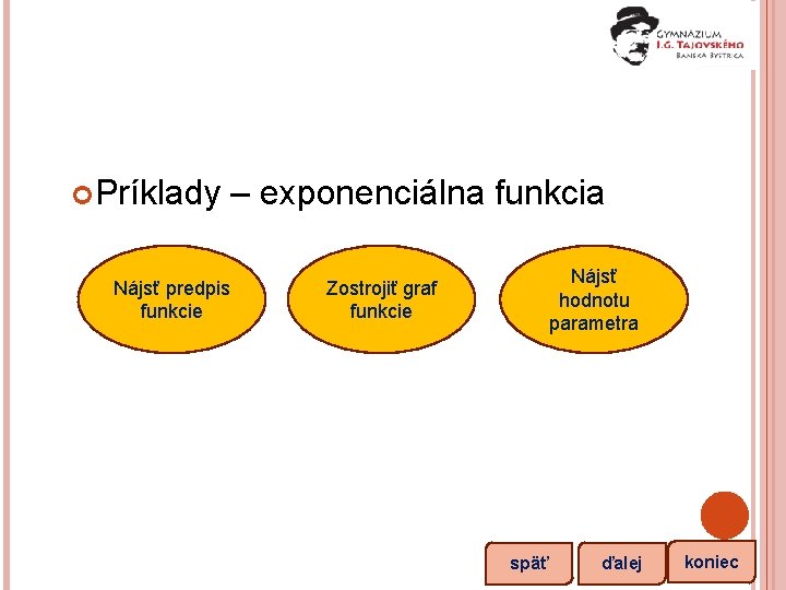  Príklady Nájsť predpis funkcie – exponenciálna funkcia Nájsť hodnotu parametra Zostrojiť graf funkcie