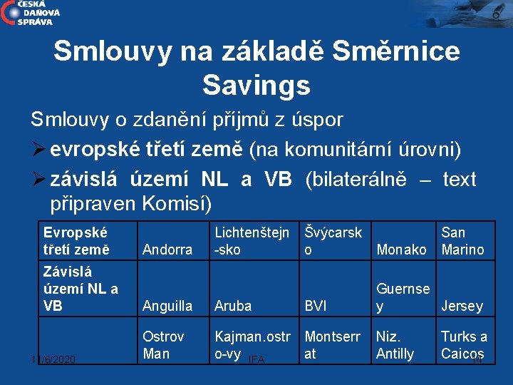 Smlouvy na základě Směrnice Savings Smlouvy o zdanění příjmů z úspor Ø evropské třetí