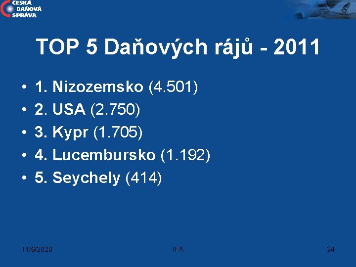 TOP 5 Daňových rájů - 2011 • • • 1. Nizozemsko (4. 501) 2.