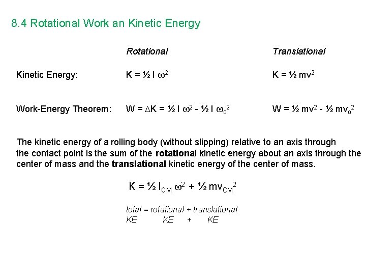8. 4 Rotational Work an Kinetic Energy Rotational Translational Kinetic Energy: K = ½