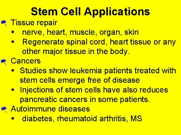 Stem Cell Applications • Tissue repair § nerve, heart, muscle, organ, skin § Regenerate