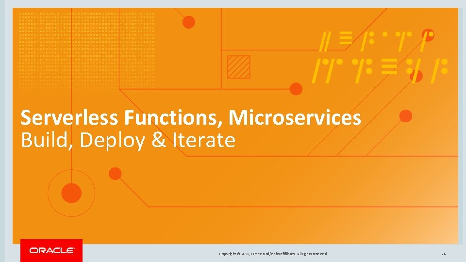 Serverless Functions, Microservices Build, Deploy & Iterate Copyright © 2018, Oracle and/or its affiliates. Serverless Functions, Microservices Build, Deploy & Iterate Copyright © 2018, Oracle and/or its affiliates.