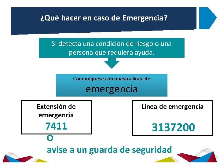 ¿Qué hacer en caso de Emergencia? Si detecta una condición de riesgo o una