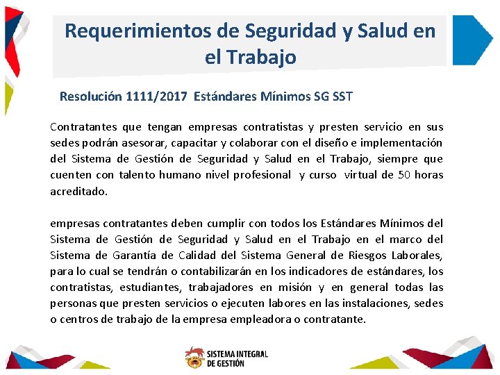 Requerimientos de Seguridad y Salud en el Trabajo Resolución 1111/2017 Estándares Mínimos SG SST