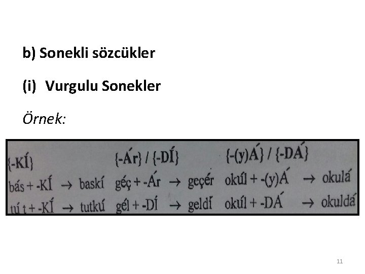 b) Sonekli sözcükler (i) Vurgulu Sonekler Örnek: 11 