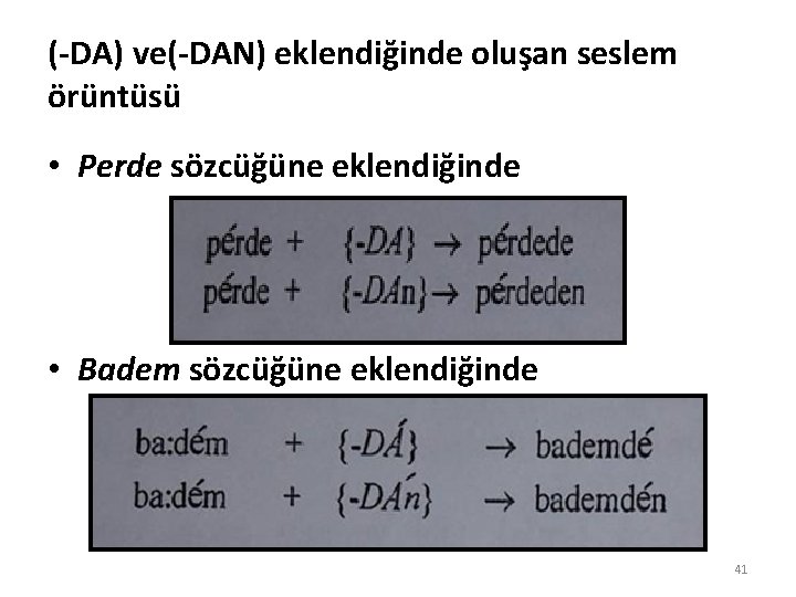 (-DA) ve(-DAN) eklendiğinde oluşan seslem örüntüsü • Perde sözcüğüne eklendiğinde • Badem sözcüğüne eklendiğinde