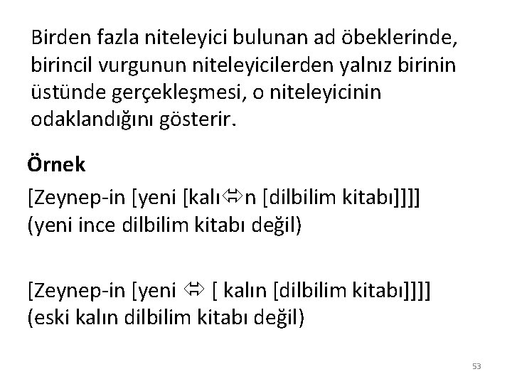 Birden fazla niteleyici bulunan ad öbeklerinde, birincil vurgunun niteleyicilerden yalnız birinin üstünde gerçekleşmesi, o