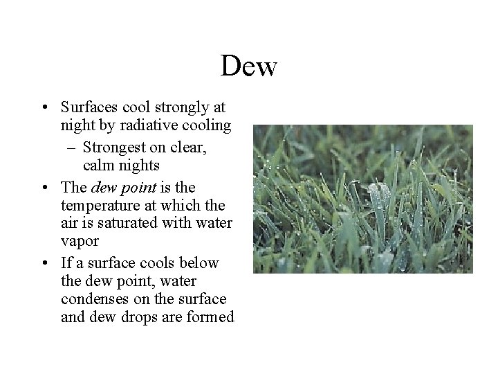 Dew • Surfaces cool strongly at night by radiative cooling – Strongest on clear,