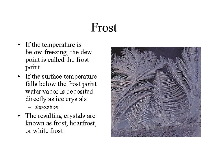 Frost • If the temperature is below freezing, the dew point is called the