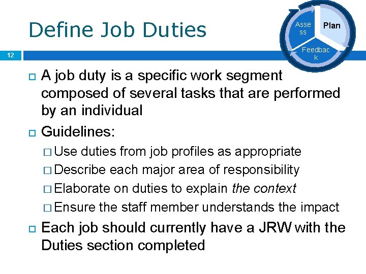 Define Job Duties Asse ss Plan Feedbac k 12 A job duty is a