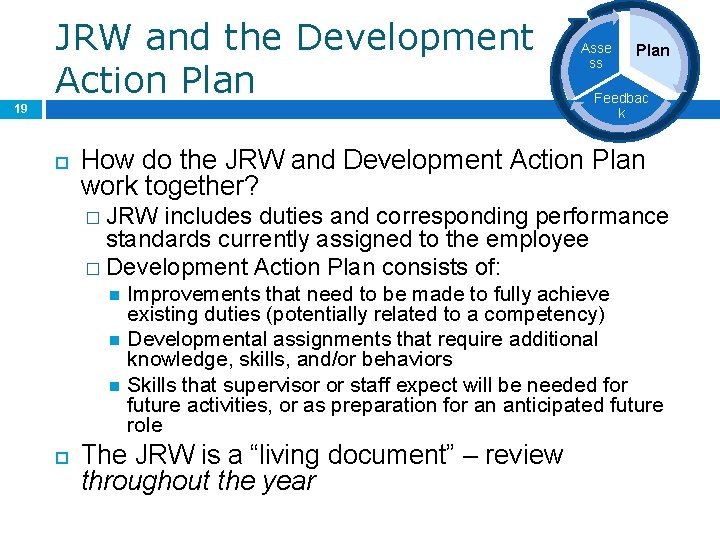 JRW and the Development Action Plan Asse ss 19 Plan Feedbac k How do