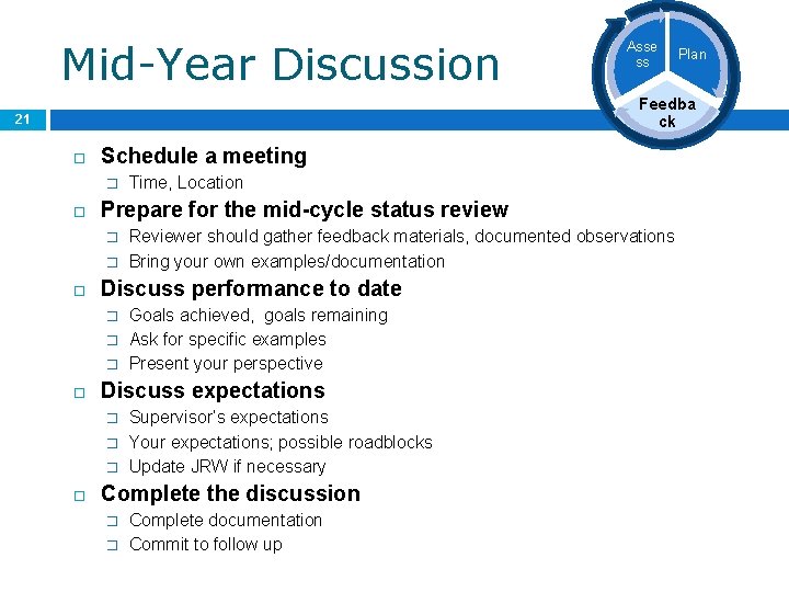Mid-Year Discussion Asse ss Plan Feedba ck 21 Schedule a meeting � Prepare for