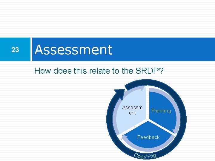 23 Assessment How does this relate to the SRDP? Assessm ent Planning Feedback 