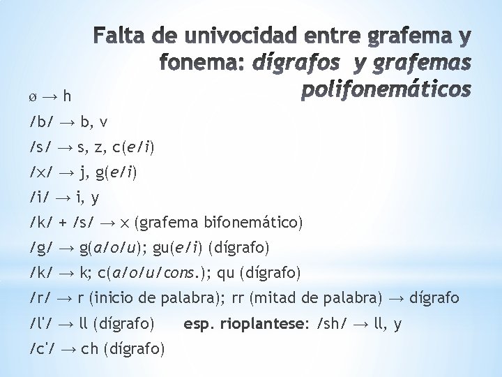 ø→h /b/ → b, v /s/ → s, z, c(e/i) /x/ → j, g(e/i)