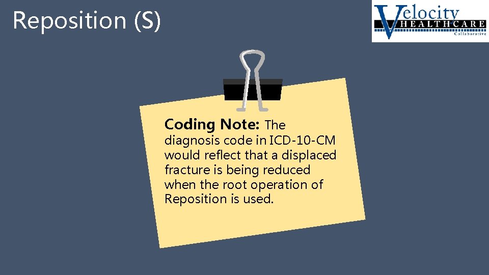 Reposition (S) Coding Note: The diagnosis code in ICD-10 -CM would reflect that a