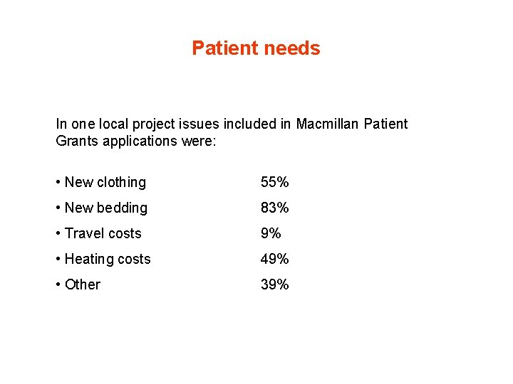 Patient needs In one local project issues included in Macmillan Patient Grants applications were: