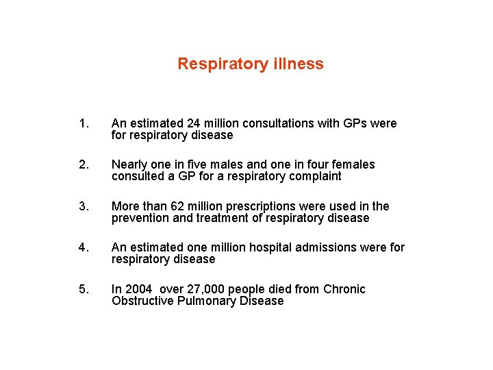 Respiratory illness 1. An estimated 24 million consultations with GPs were for respiratory disease