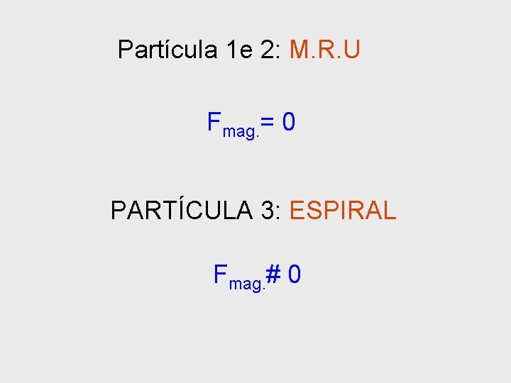 Partícula 1 e 2: M. R. U Fmag. = 0 PARTÍCULA 3: ESPIRAL Fmag.