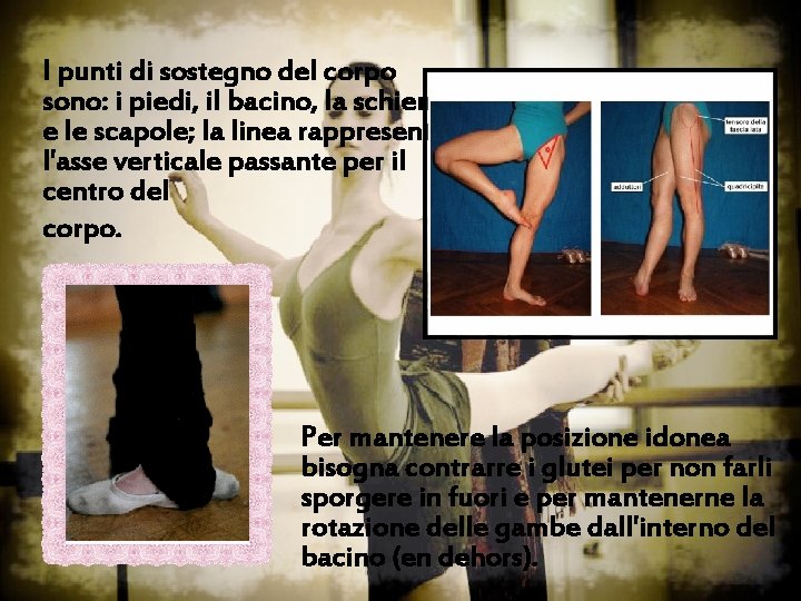 I punti di sostegno del corpo sono: i piedi, il bacino, la schiena e