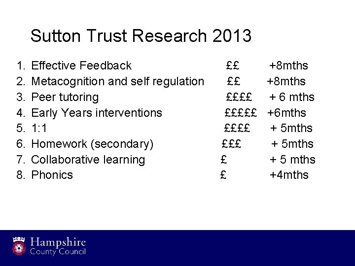 Sutton Trust Research 2013 1. 2. 3. 4. 5. 6. 7. 8. Effective Feedback