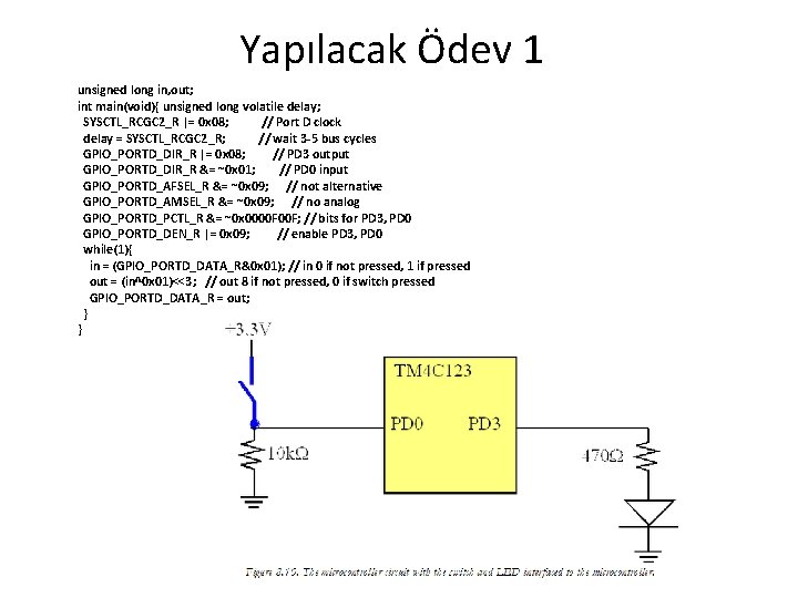 Yapılacak Ödev 1 unsigned long in, out; int main(void){ unsigned long volatile delay; SYSCTL_RCGC