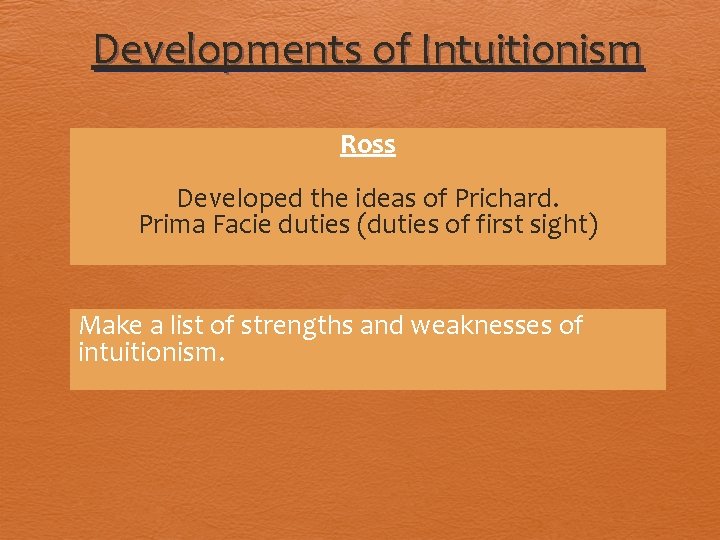 Developments of Intuitionism Ross Developed the ideas of Prichard. Prima Facie duties (duties of