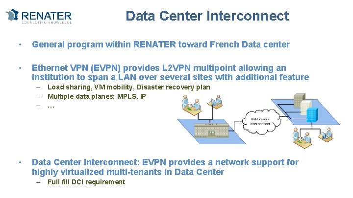 Data Center Interconnect • General program within RENATER toward French Data center • Ethernet
