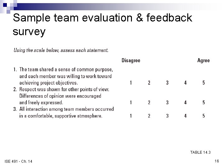 Sample team evaluation & feedback survey TABLE 14. 3 ISE 491 - Ch. 14