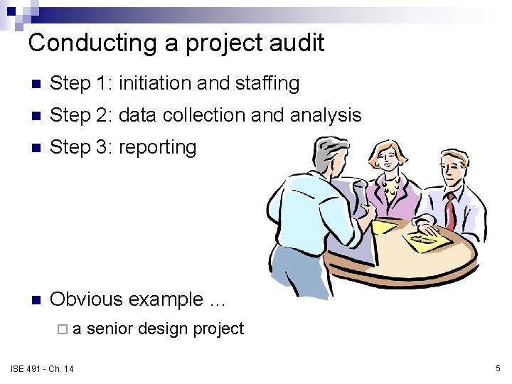 Conducting a project audit n Step 1: initiation and staffing n Step 2: data
