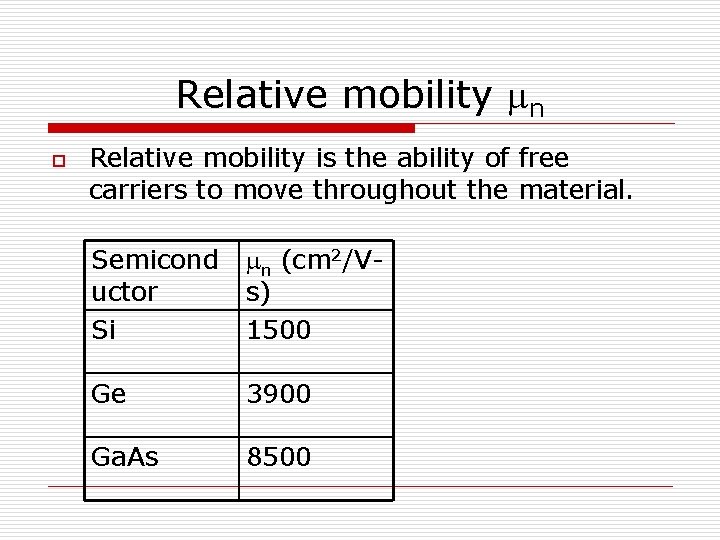 Relative mobility mn o Relative mobility is the ability of free carriers to move