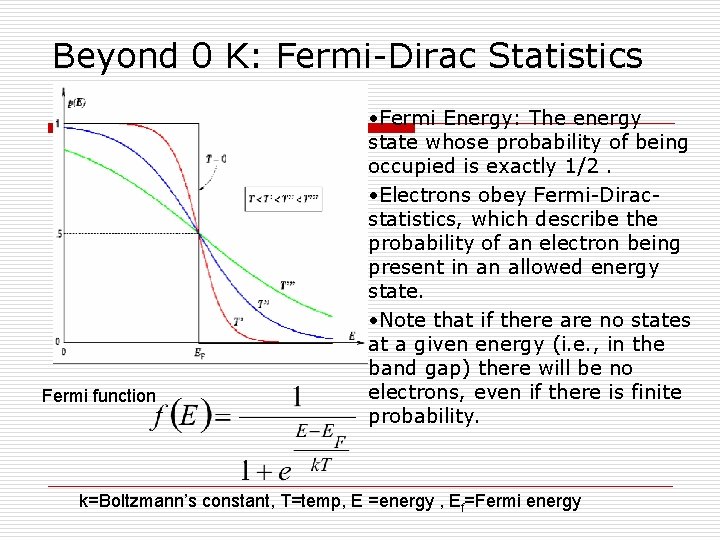 Beyond 0 K: Fermi-Dirac Statistics Fermi function • Fermi Energy: The energy state whose