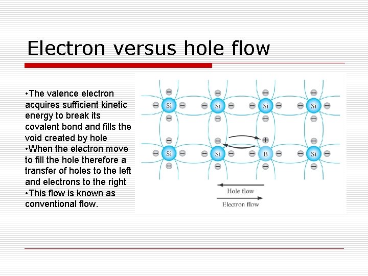 Electron versus hole flow • The valence electron acquires sufficient kinetic energy to break