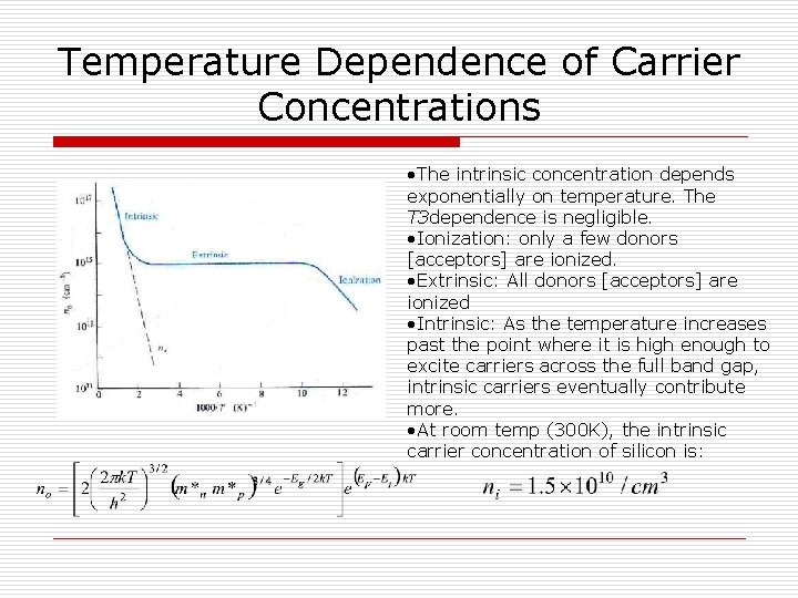 Temperature Dependence of Carrier Concentrations • The intrinsic concentration depends exponentially on temperature. The