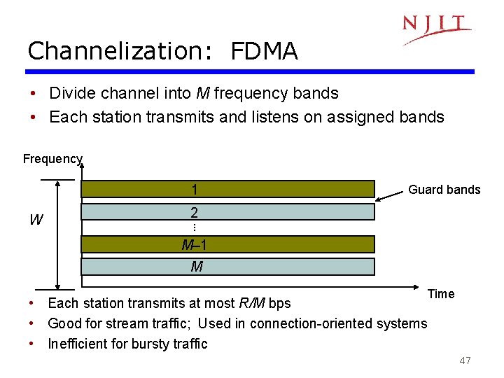 Channelization: FDMA • Divide channel into M frequency bands • Each station transmits and