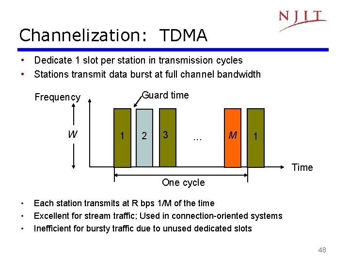 Channelization: TDMA • Dedicate 1 slot per station in transmission cycles • Stations transmit