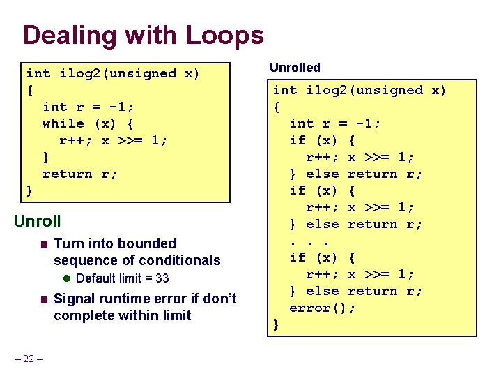 Dealing with Loops int ilog 2(unsigned x) { int r = -1; while (x)