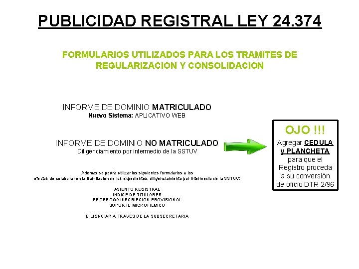 PUBLICIDAD REGISTRAL LEY 24. 374 FORMULARIOS UTILIZADOS PARA LOS TRAMITES DE REGULARIZACION Y CONSOLIDACION