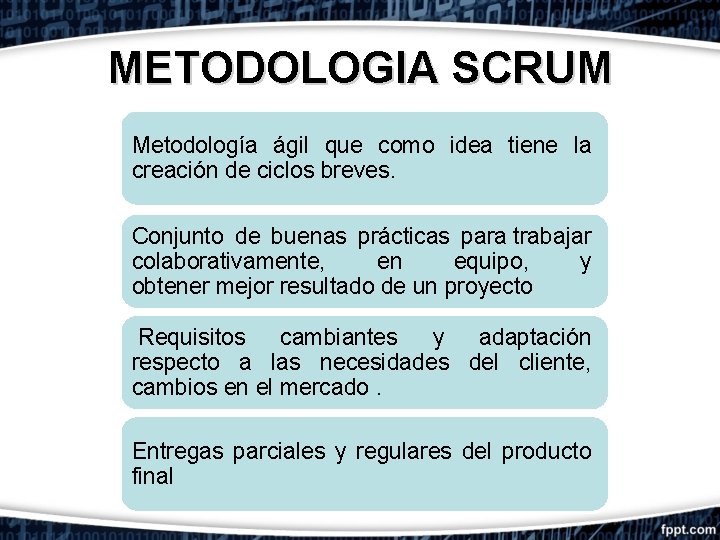 METODOLOGIA SCRUM Metodología ágil que como idea tiene la creación de ciclos breves. Conjunto