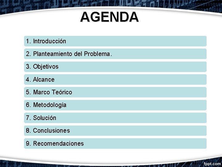 AGENDA 1. Introducción 2. Planteamiento del Problema. 3. Objetivos 4. Alcance 5. Marco Teórico