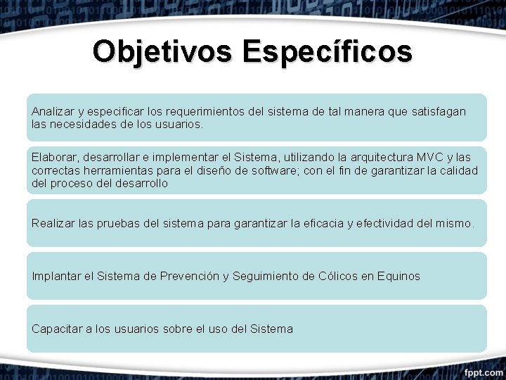 Objetivos Específicos Analizar y especificar los requerimientos del sistema de tal manera que satisfagan