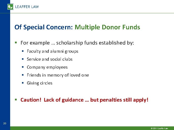 Of Special Concern: Multiple Donor Funds § For example … scholarship funds established by: Of Special Concern: Multiple Donor Funds § For example … scholarship funds established by: