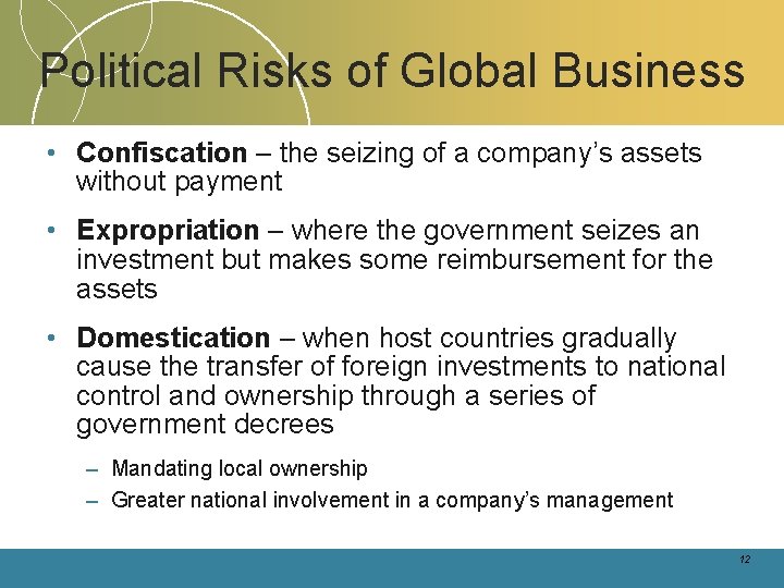 Political Risks of Global Business • Confiscation – the seizing of a company’s assets Political Risks of Global Business • Confiscation – the seizing of a company’s assets